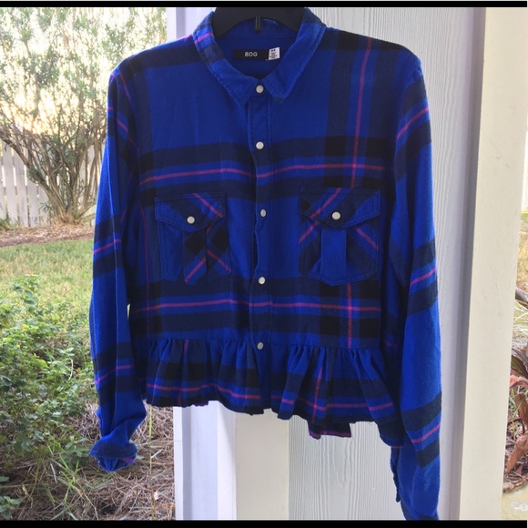BDG Tops - BDG Blue Plaid Peplum Button Down Shirt Size M